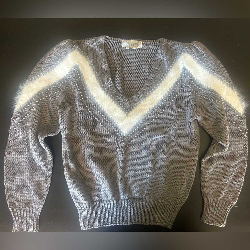 Beautiful 80s vintage hand knit Nannel Sweater. Gray beaded and white details.